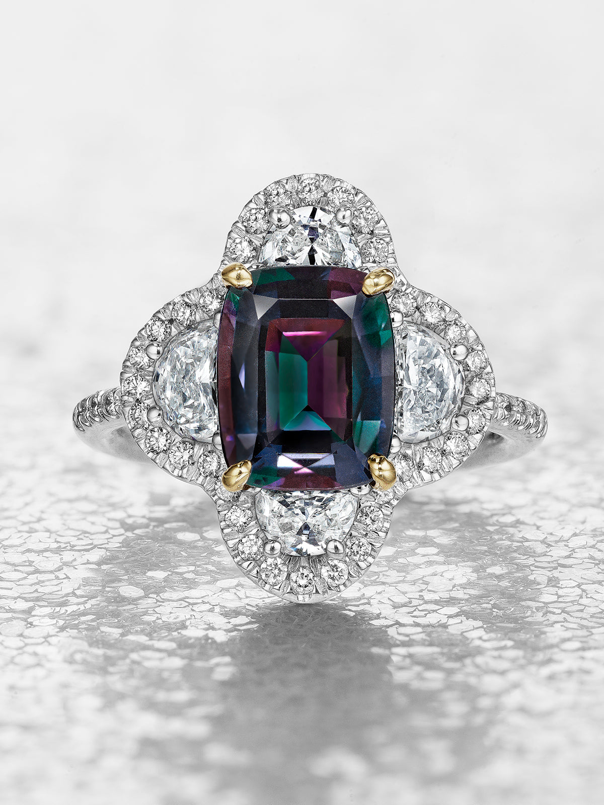 Half Moon Clover Alexandrite Ring in 18k White Gold