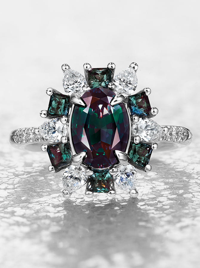 High Jewelry Princess Alexandrite Ring set in 18k White Gold