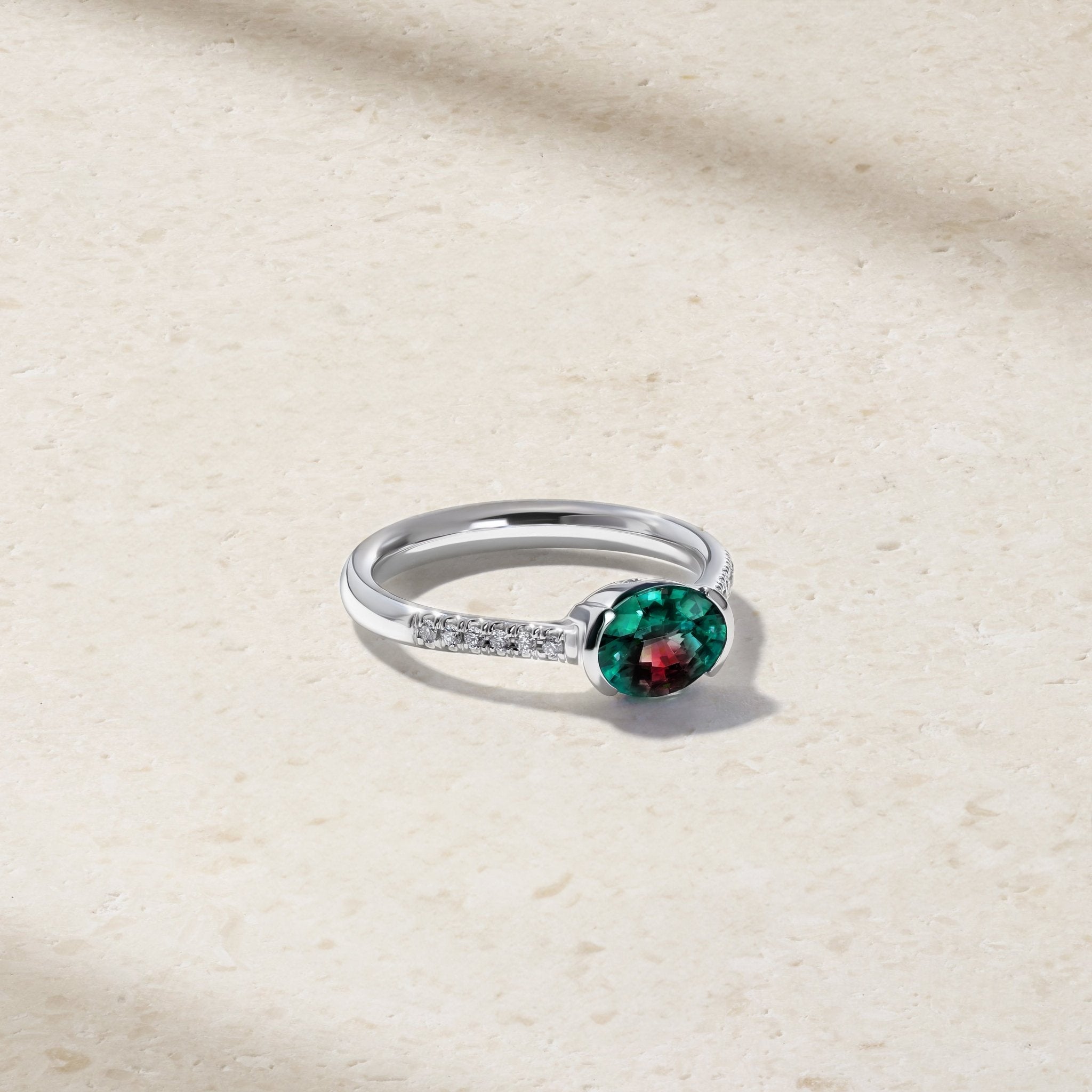 East-West Alexandrite and Diamond Half Bezel Ring