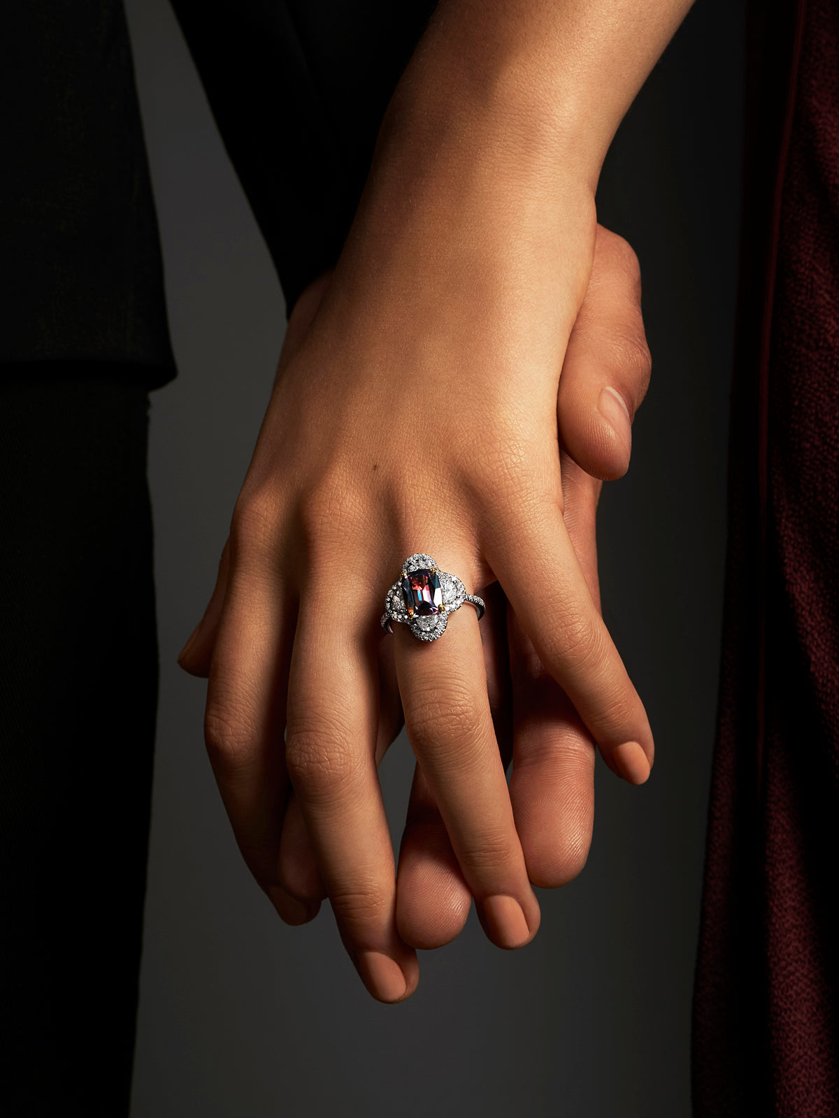 High Jewelry Half Moon Clover Alexandrite Ring set in 18k White Gold on a Model's Hand