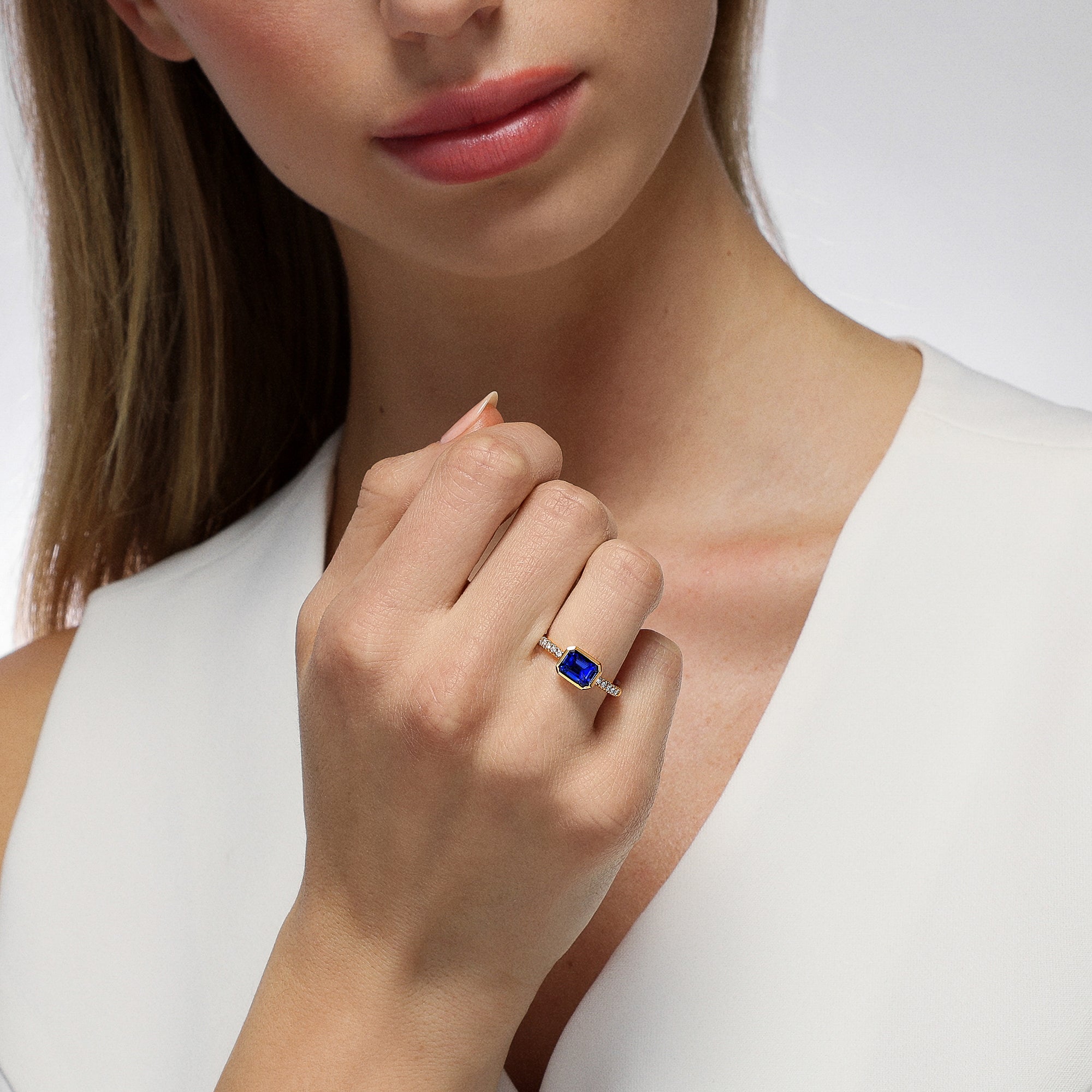 East West Emerald Cut Sapphire and Diamond Bezel Ring Mark Henry Jewelry