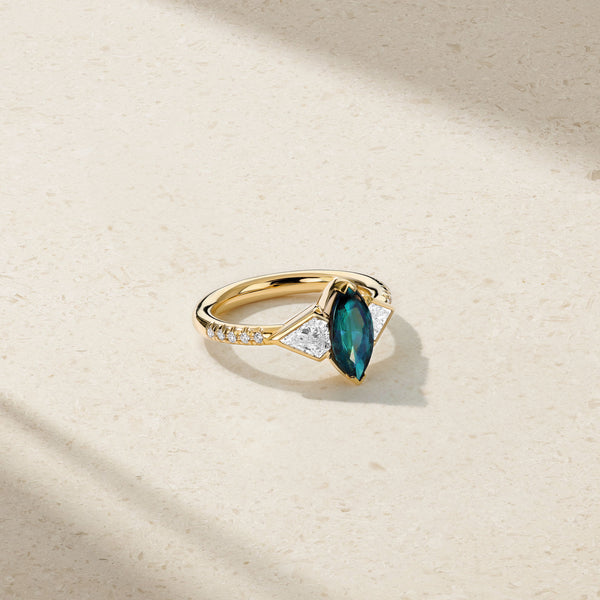 Nouveau Three Stone Alexandrite and Shield Diamond Ring – Mark